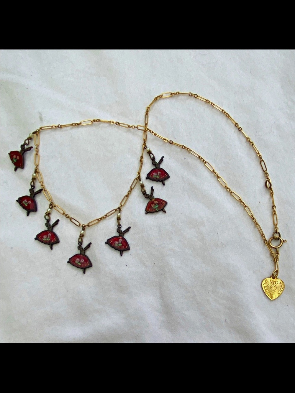 12k Lucy Isaacs Gold Chain Necklace with Enamel Ballerina Charms
